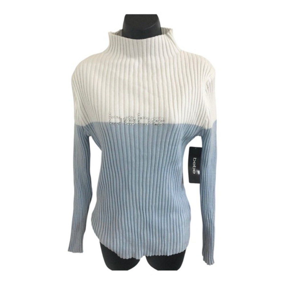 Bebe blue‎ white colorblock high mockneck ribbed rhinestone monogrammed size L